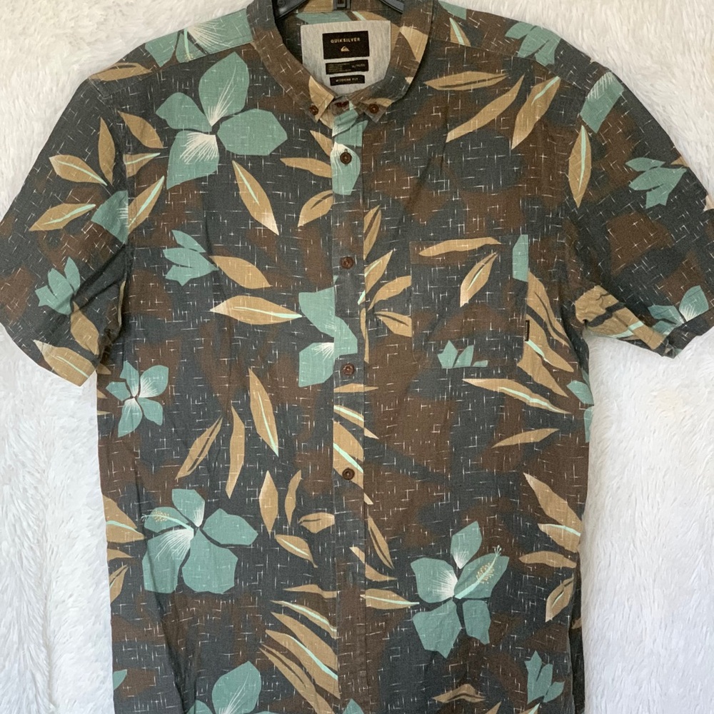 Quiksilver Floral Print Casual Button Down Shirt - Brown and Teal